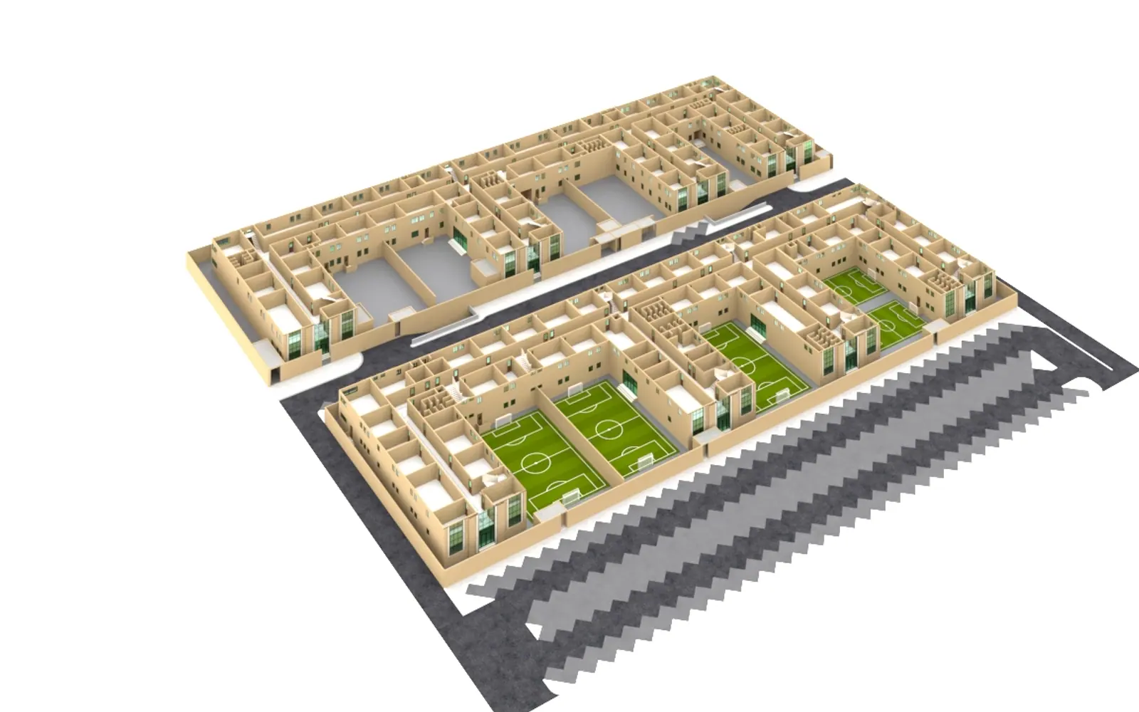 3D cutaway model of a school building with sports courts