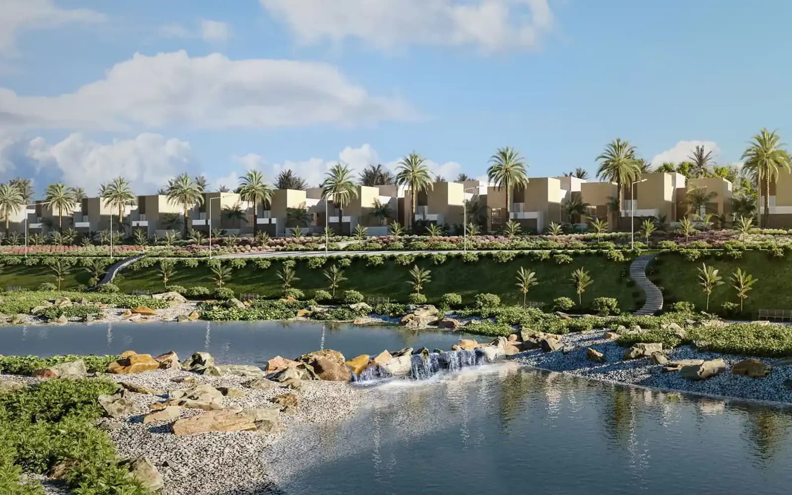 Render of villas beside a landscaped lake