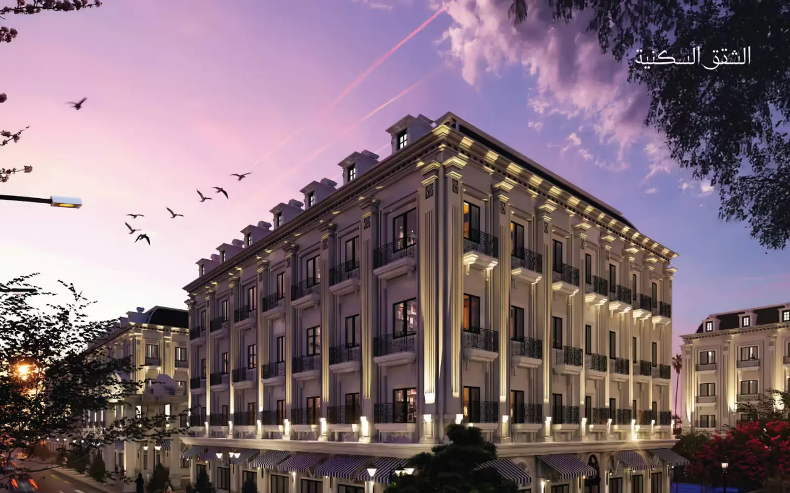 Dusk render of a classical residential building