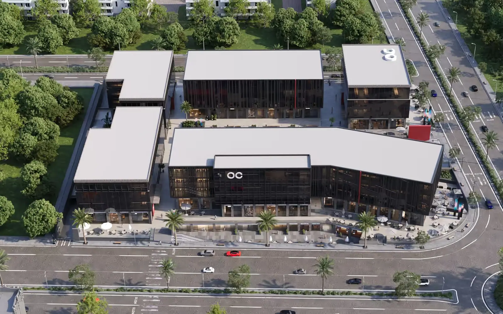 Aerial daytime render of the OC Mall buildings