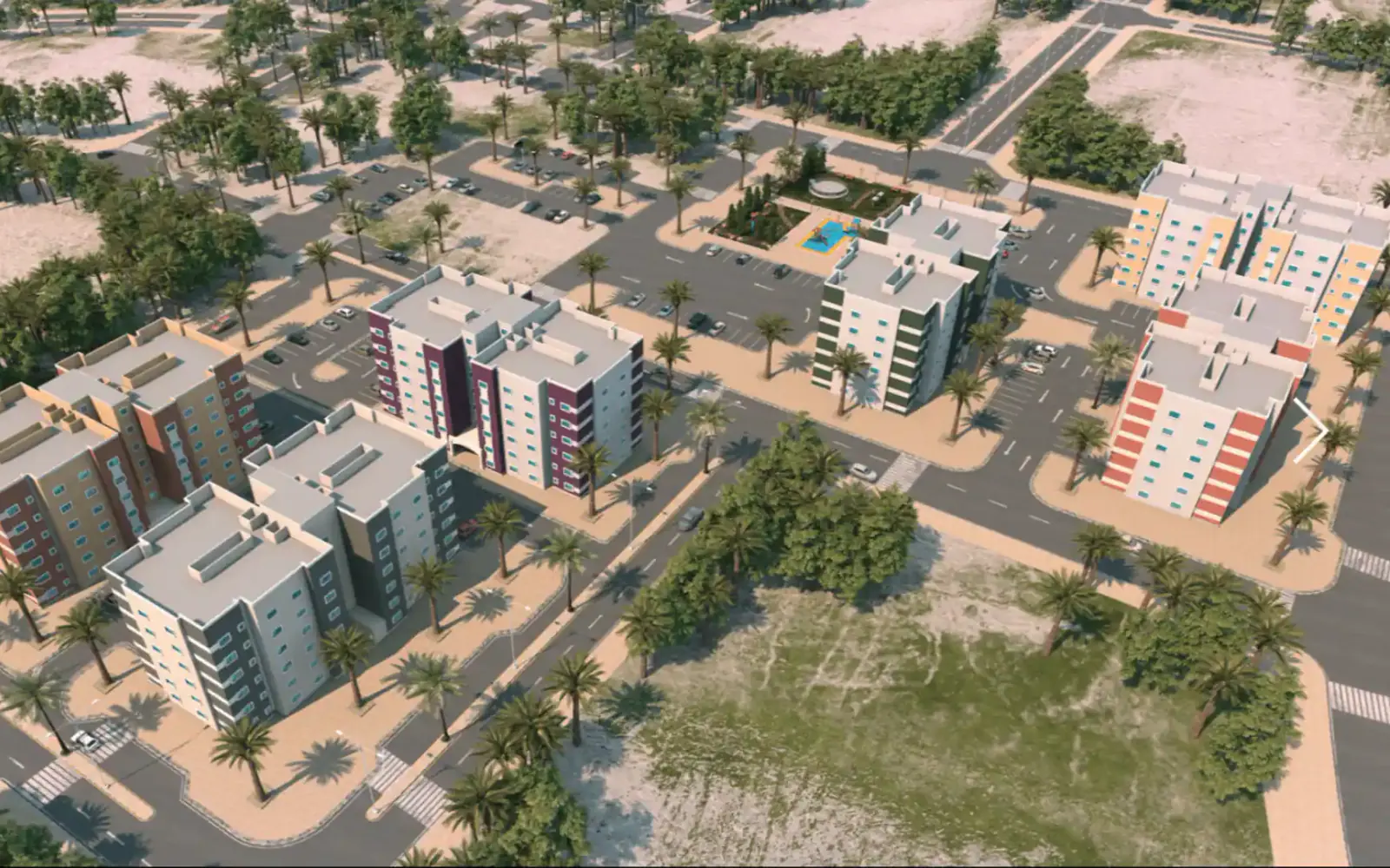 Aerial render of a residential district with apartment blocks