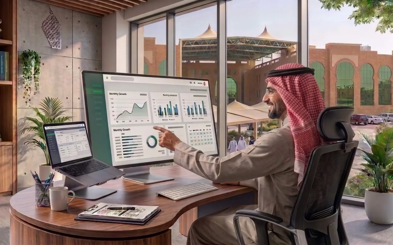 School administrator reviewing analytics dashboards